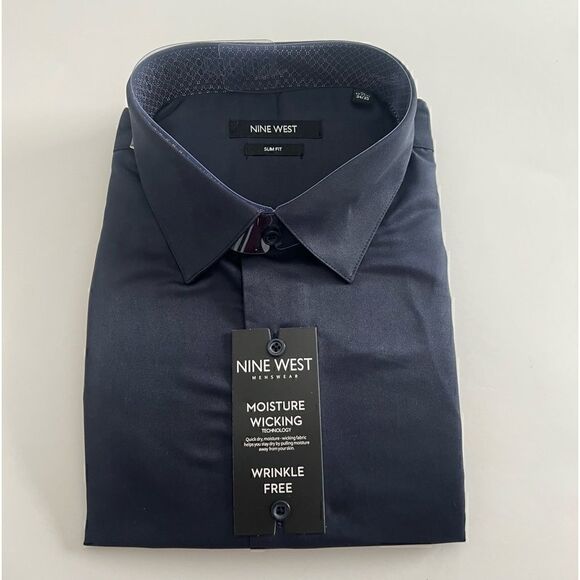 NINE WEST Men's Slim-Fit Wrinkle-Free Stretch DARK NAVY M (15-15 1/2) 32/33 - Picture 2 of 13